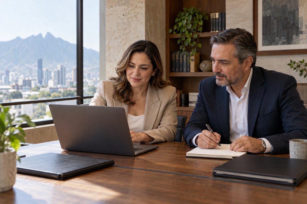 Escena ilustrativa de dos profesionales revisando información con una computadora en un despacho